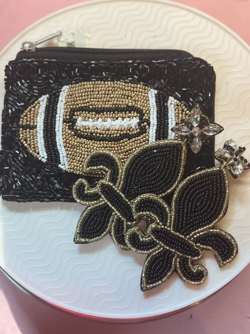 BUNDLE BUDDIES DEAL! Saints Football Beaded Pouch and XL fleur-de-lis Earrings